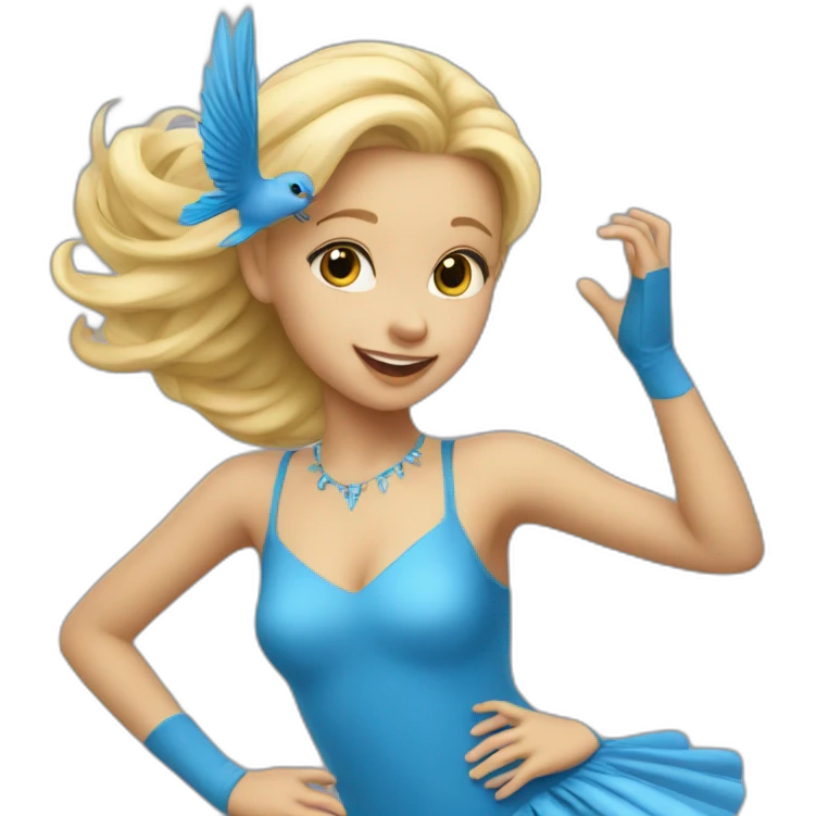 little blonde girl dancing in a blue bird costume emoji