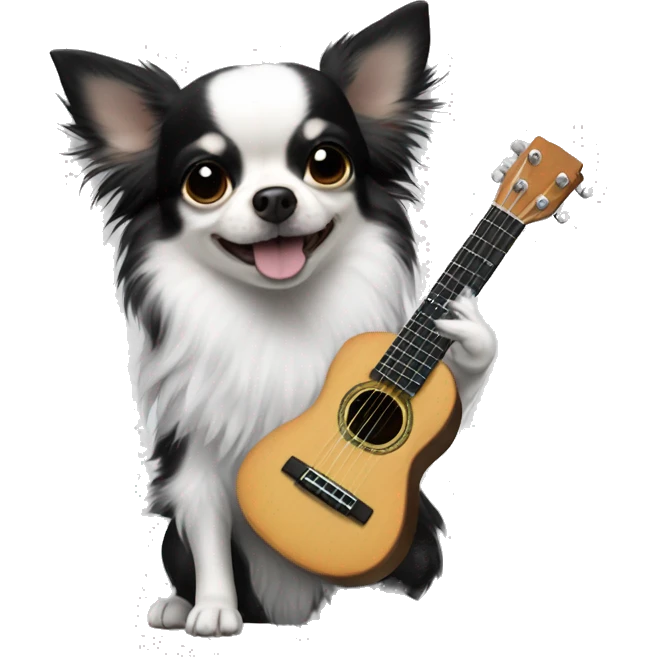Black and white long hair chihuahua with ukulele emoji