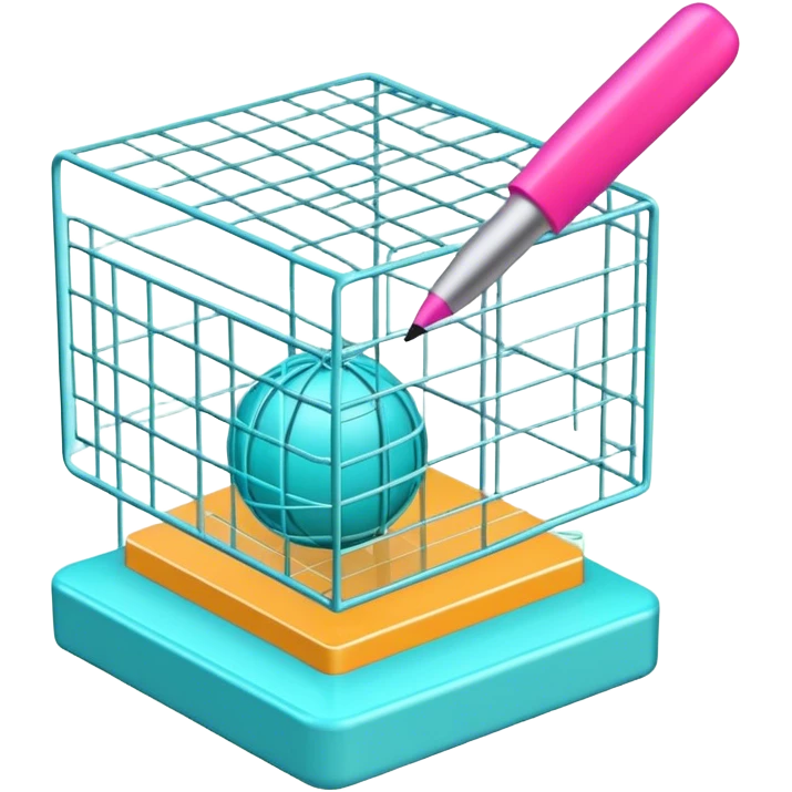 Create an emoji for 3D visualization and modeling. Show a 3D object with wireframe lines and a 3D modeling tool interface. Use modern, professional colors. Do not include any emojis or smiley faces. Make the background transparent. emoji
