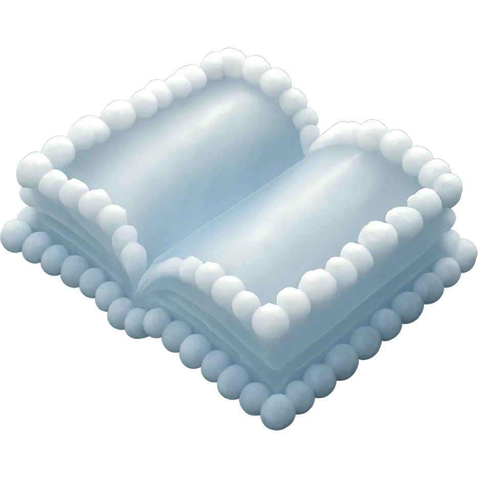 top view of a thick open book made entirely of small, very bright white fluffy convex clouds, matte glass style emoji