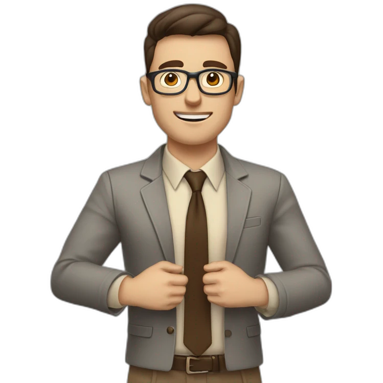 To belt Actively gesturing with hands Pale skinned fit man with dark brown hair in gray jacket, beige office shirt, brown tie, brown pants and vintage glasses. emoji