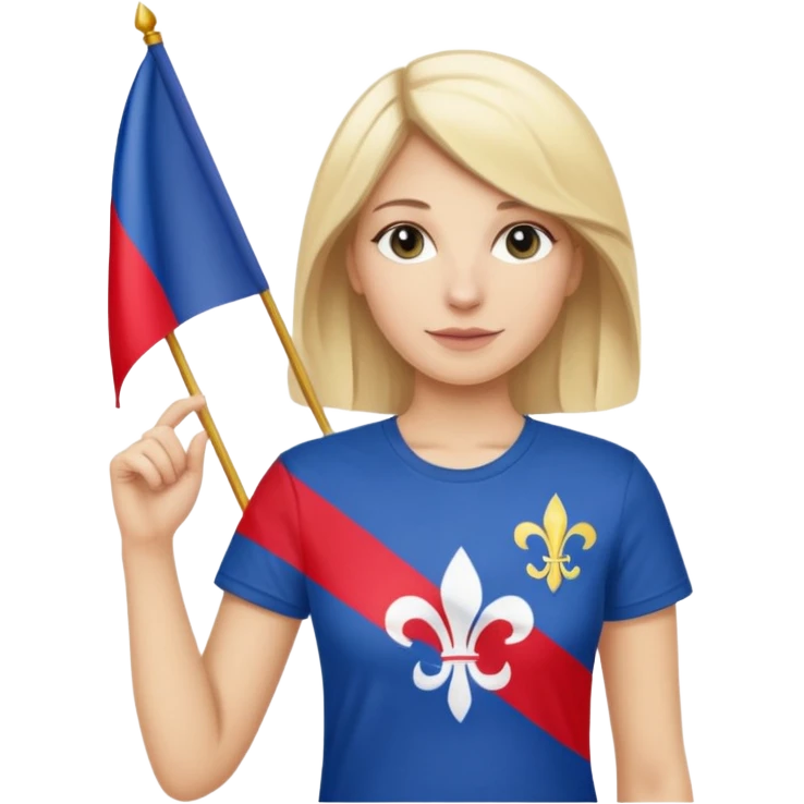 White woman with blonde hair holding a French flag in hand with a fleur-de-lily t-shirt emoji