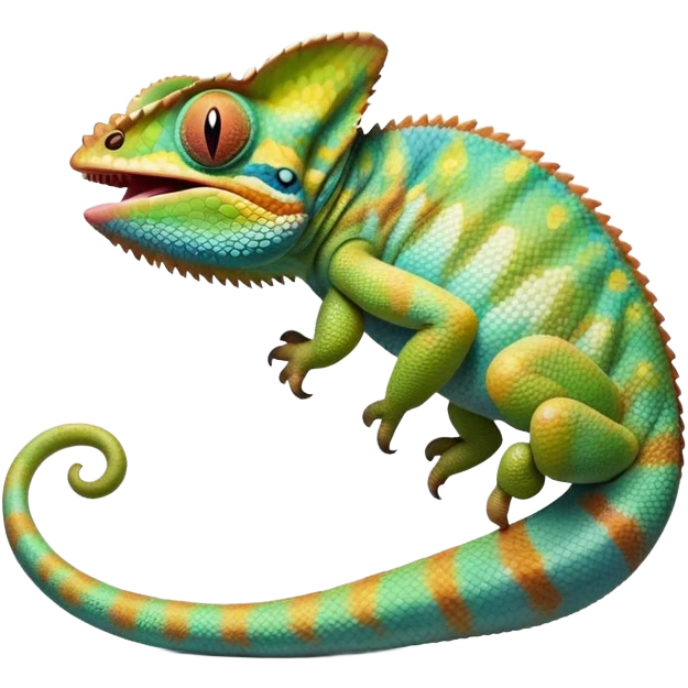 cinematic giant-yawning chameleon-realistic emoji, mouth wide open with tongue out, -blending-with-vibrant-greenery.-detailed-scales-in-shifting-colors,-showing-the-chameleon’s-ability-to-camouflage.-soft-natural-light-highlights-its-texture.-light-background, zoomed into its face emoji