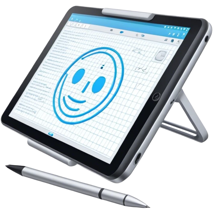 Create an emoji for 3D visualization and modeling. Show a large graphic tablet with a stylus drawing in a 3D modeling program, displaying a wireframe model on the screen. Use modern, professional colors. Do not include any emojis or smiley faces. Make the background transparent. emoji