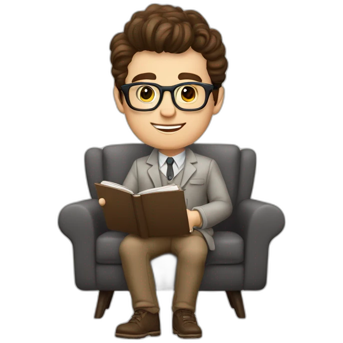 Pale skinned Fit Man With dark brown hair in gray jacket, beige office shirt, Brown pants and vintage glasses sitting In a soft chair with a notebook on spring with emblem Ψ and a pen emoji