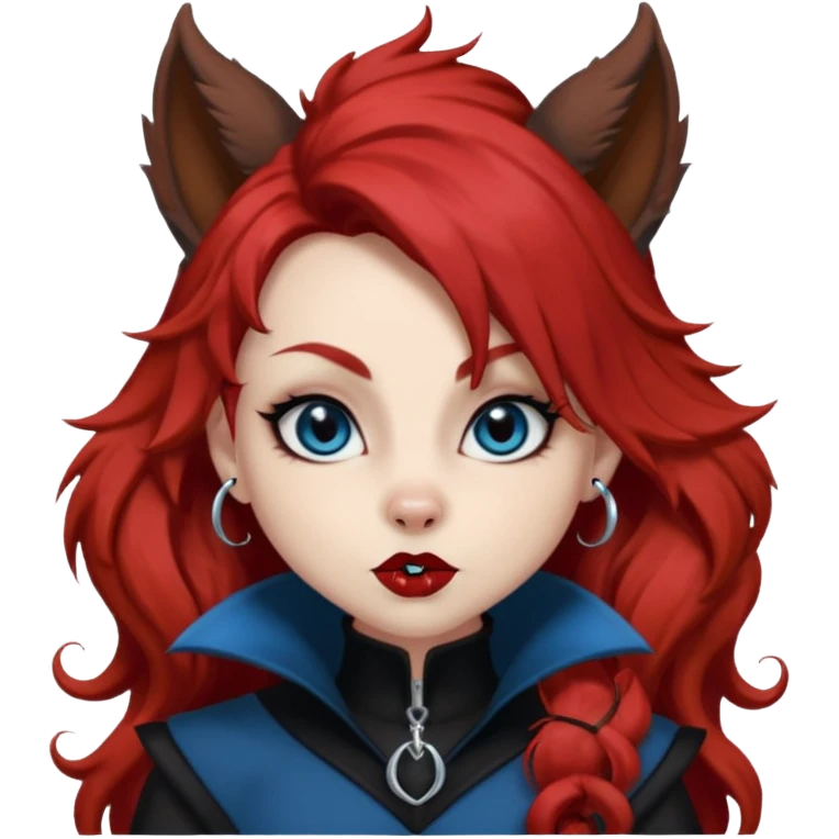  long curly blood red hair (darker), red pointed squirrel ears with black trim, black goth outfits, body and face human, blue eyes, more pointy chin, black lipstick, one big fluffy red squirrel tail with black tips, close her mouth, less evil looking emoji