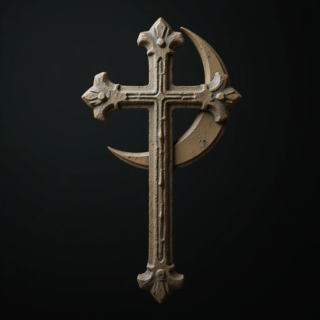 realistic gothic cross, with a crescent moon, photorealistic style, no background emoji