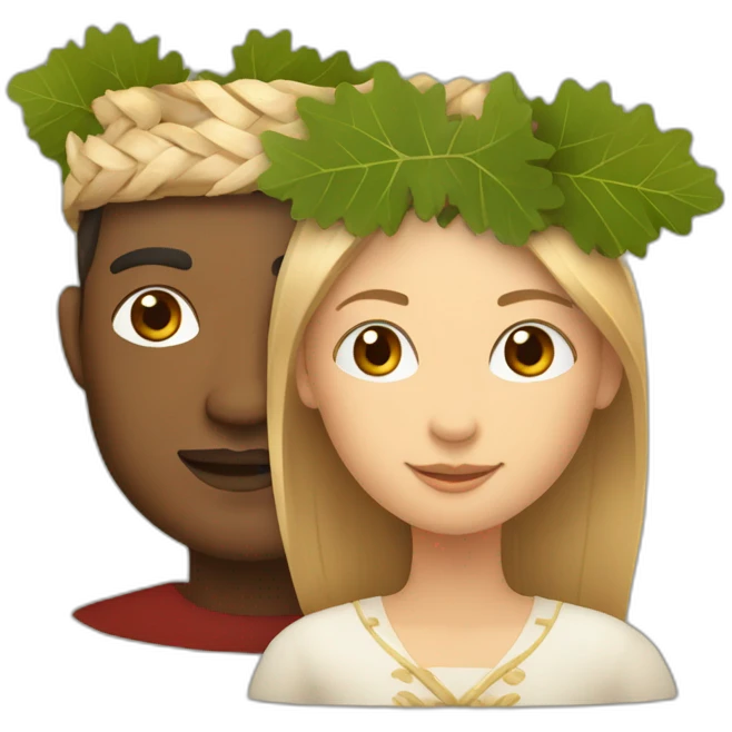 Make a festive tradition latvian man and woman with a oak and birch leaf crown  emoji