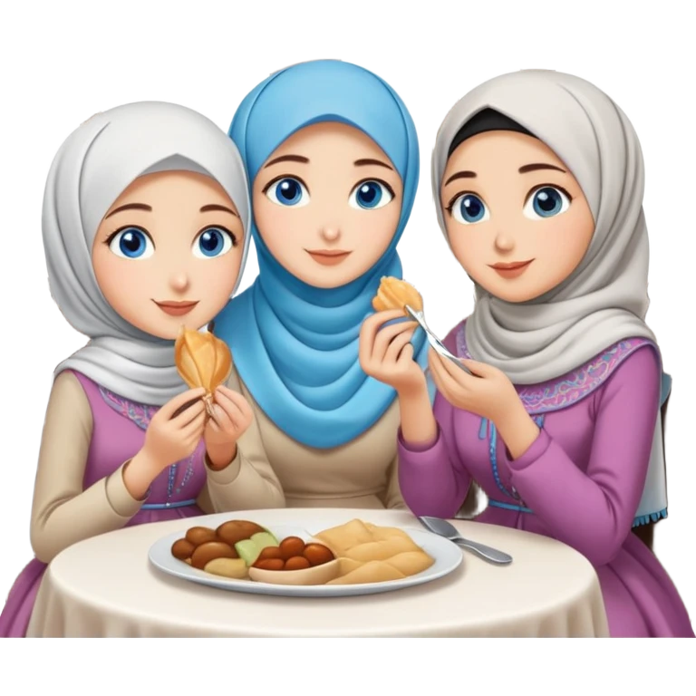 Turkish beautiful finish Konya girls blue eyes with lovely hijab long tail dress and the two friends sits on the chair on the ground and eating the food in the restaurant  emoji