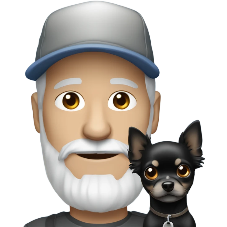 Older man with blue eyes gray hair gray goatee in ball cap holding black longhair chihuahua  emoji