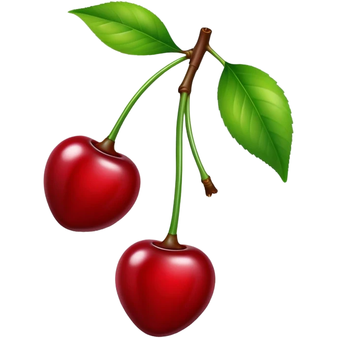 A pair of glossy red cherries with green stem and leaf emoji
