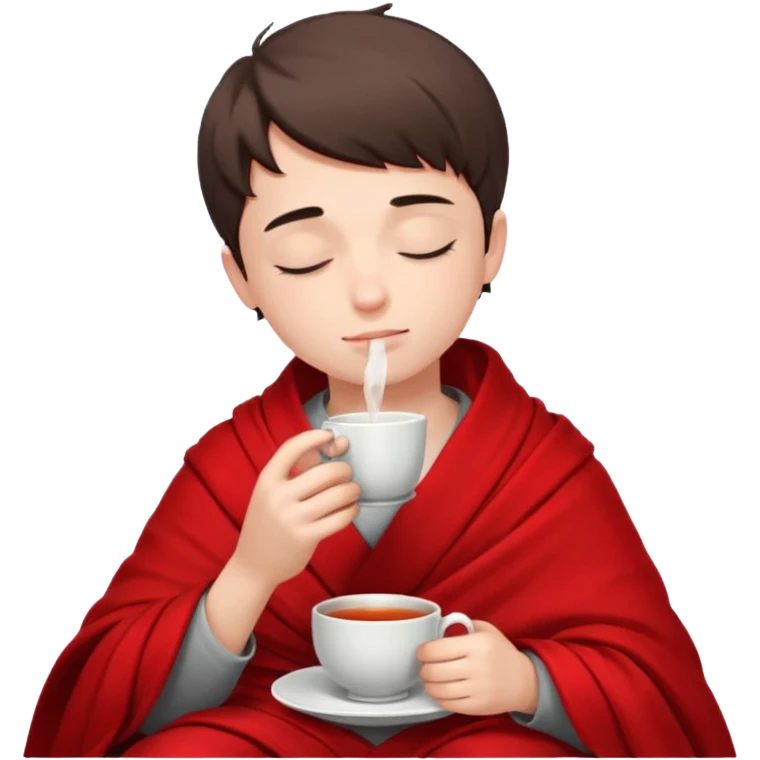 A European boy is sitting wrapped in a red blanket, drinking tea with his eyes closed. emoji