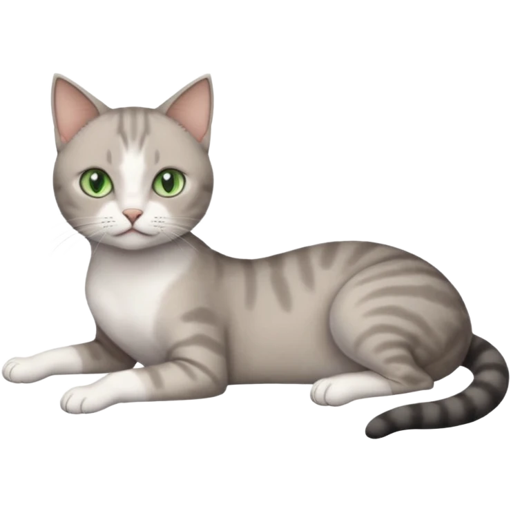 full body tiny short hair dark grey and white cat with white front legs and green  eyes lying down emoji