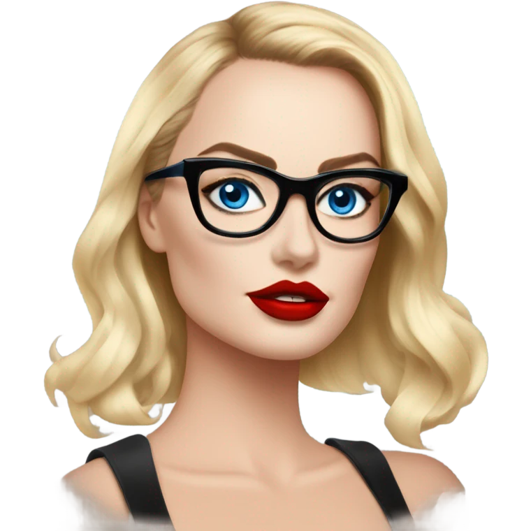 Real Margot Robbie, bright blue eyes and winged eye liner, red kisses, wearing black glasses  emoji