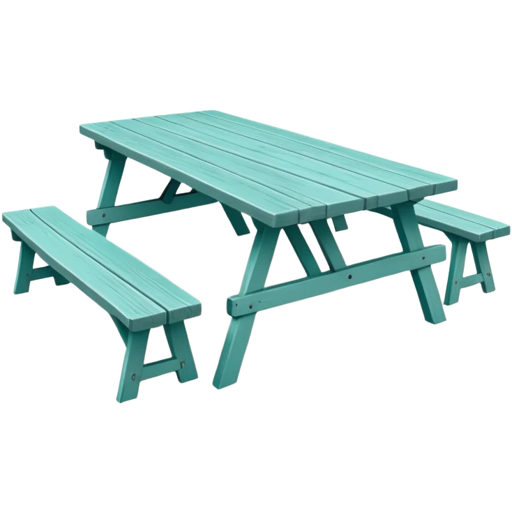functional scenic prop picnic table with benches, soft teal, straight vertical legs, wheels, flat wood-style silhouette, clean geometry, minimal shading emoji