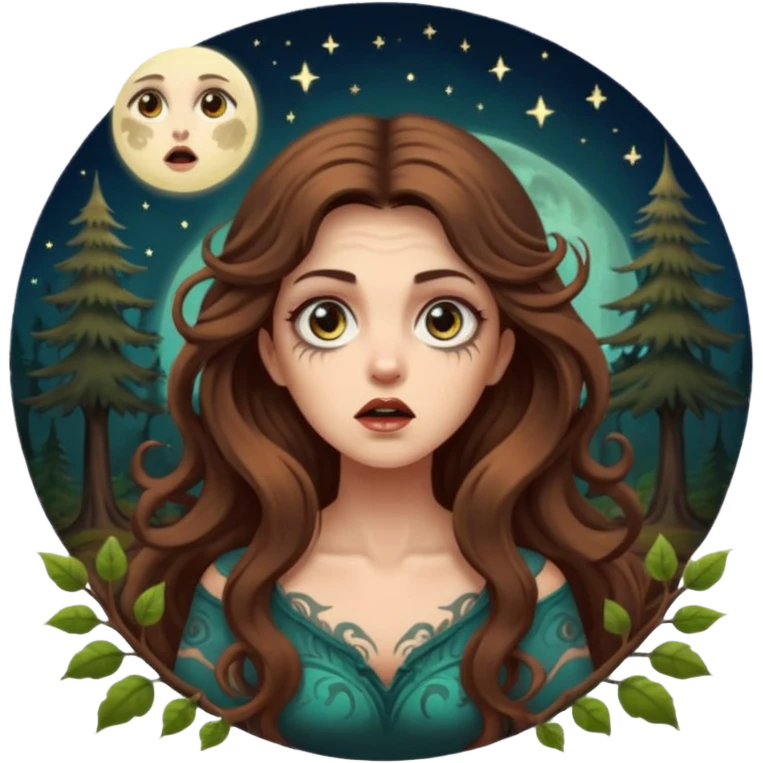 shocked forest mystic woman long wavy brown hair tattoos wide eyes moon glow emoji