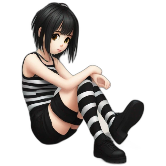 full body Front view emo girl sits on the floor black skirt torn striped stockings emoji