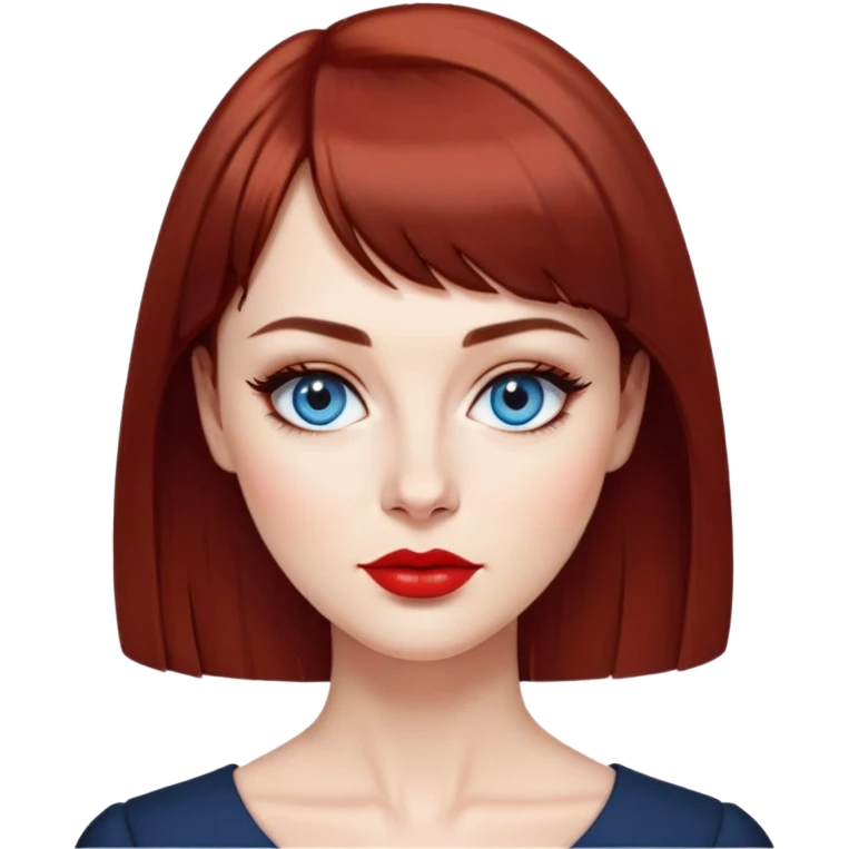 Creative 40-something woman with fair skin, oval face, striking blue eyes with dark eyeliner, thin eyebrows, small nose, full lips with bright red lipstick, dark auburn hair with straight bangs, slight age lines, wearing an elegant black blouse, artistic expression emoji