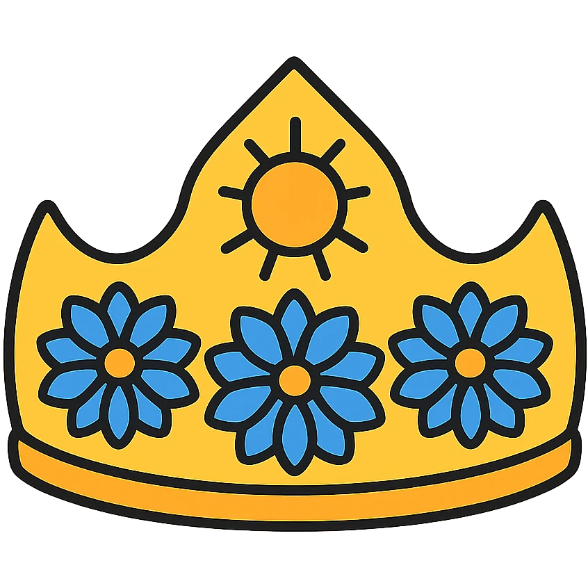 A queen level fantasy tiara-crown, golden and sun color shaded, with light royal blue colored dahlia flowers embedded in the ring of the crown, semi-realistic emoji