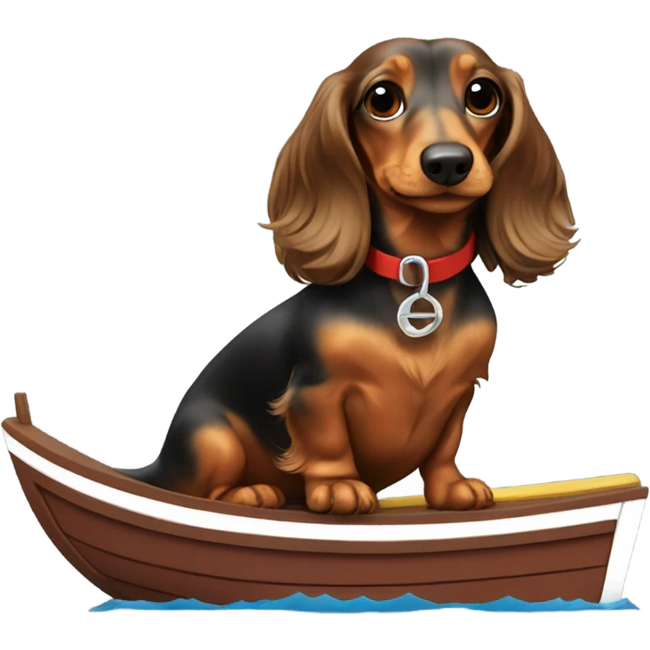 Long haired mini dachshund in speedboat emoji