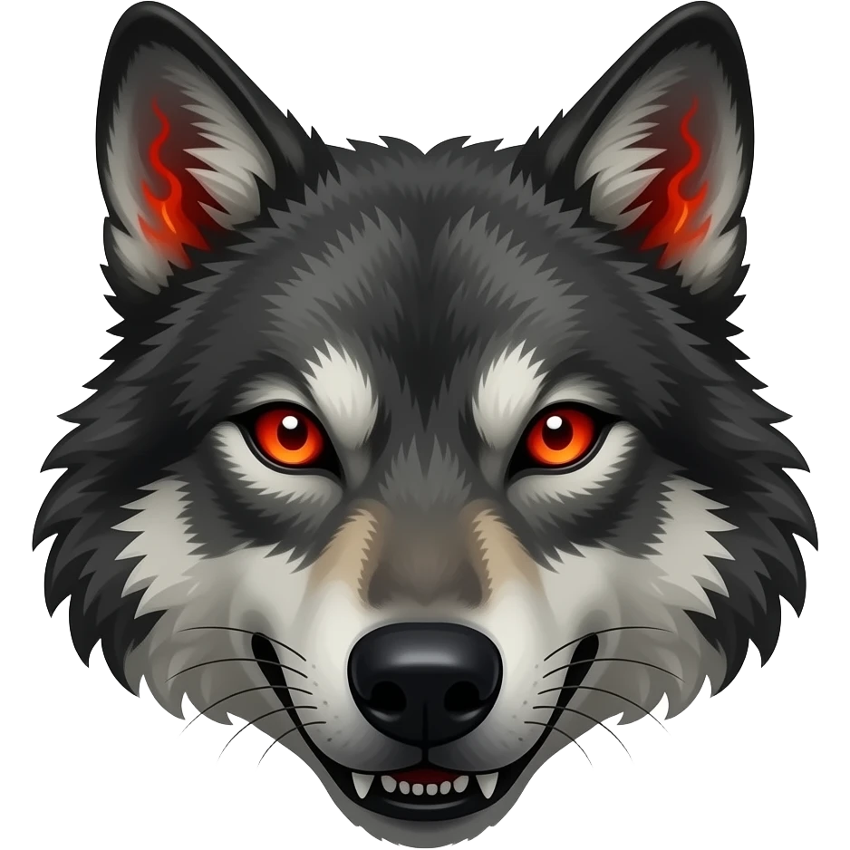 Dwrk Sinister hellhound wolf head with fiery red eyes. Fantasy emoji