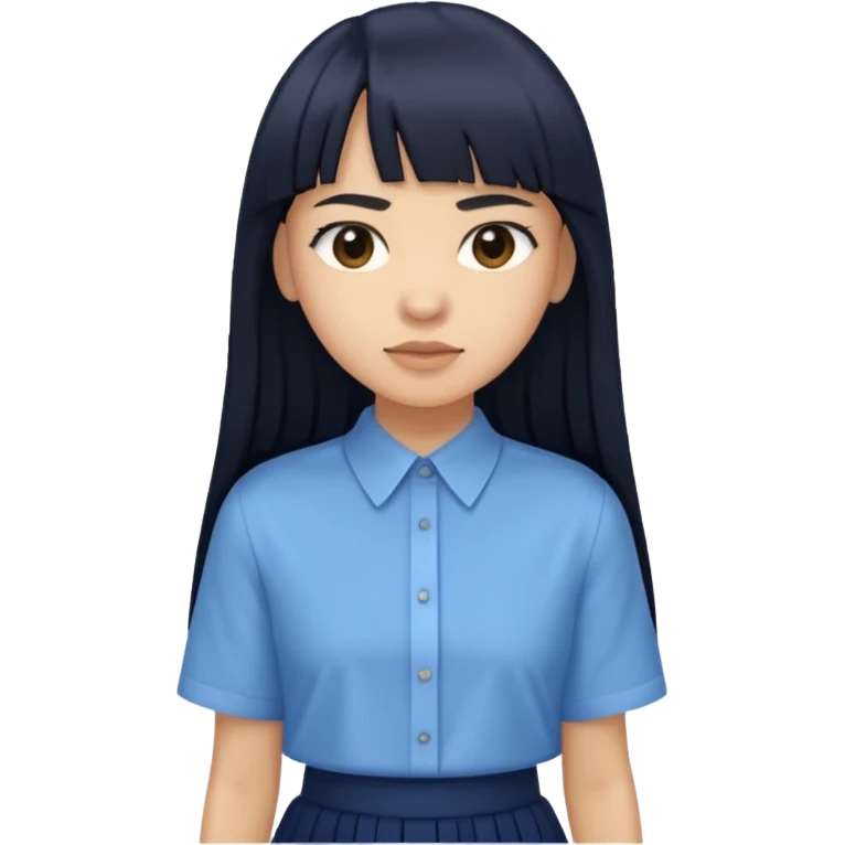 hair : black long hair with fringe 
skin : light 
cloth : oversize light blue shirt + navy long long skirt 
 emoji