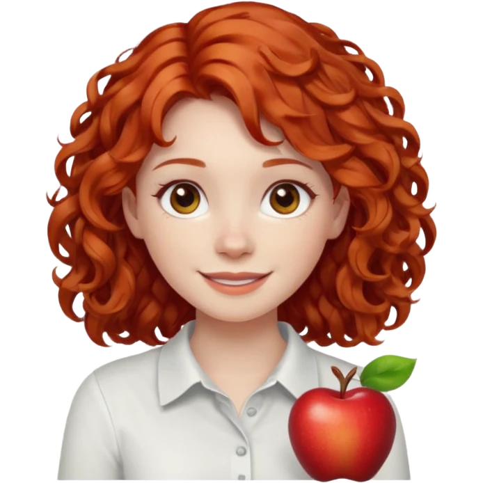 girl with shoulder length curly apple red hair with brown eyes and pale skin smiling emoji