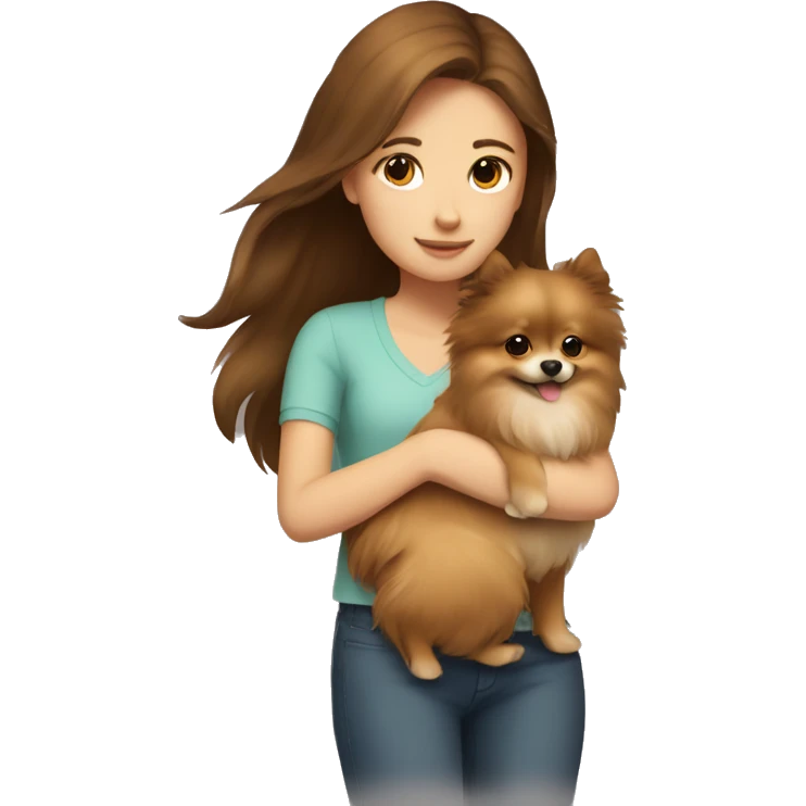 brown haired girl hugging Pomeranian dog  emoji