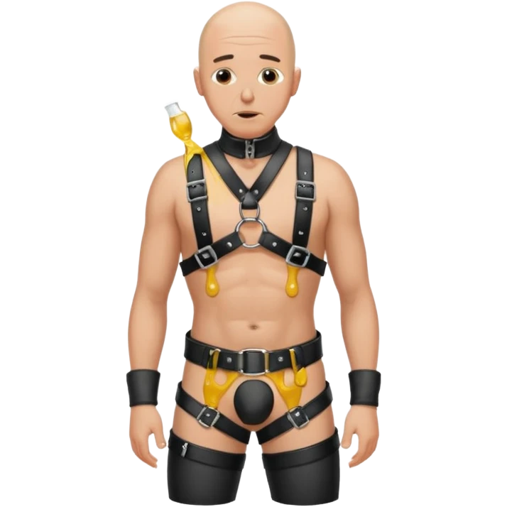 submissive bald man on his knees in a black leather harness standing man in leather, pouring piss down his throat emoji