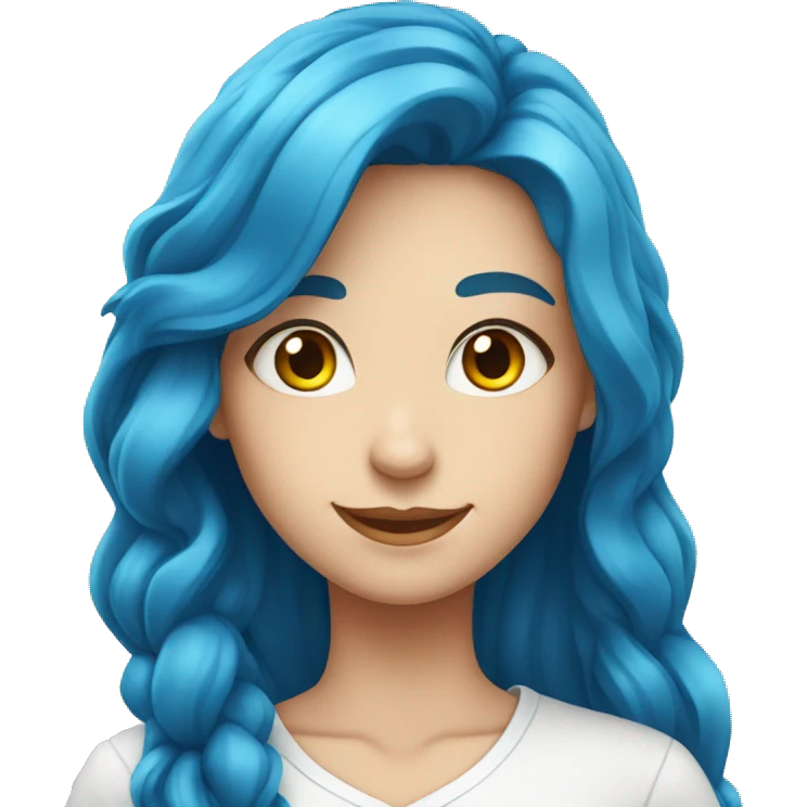 An attractive and impressive girl of European appearance with long blue hair and a white shirt smiles emoji