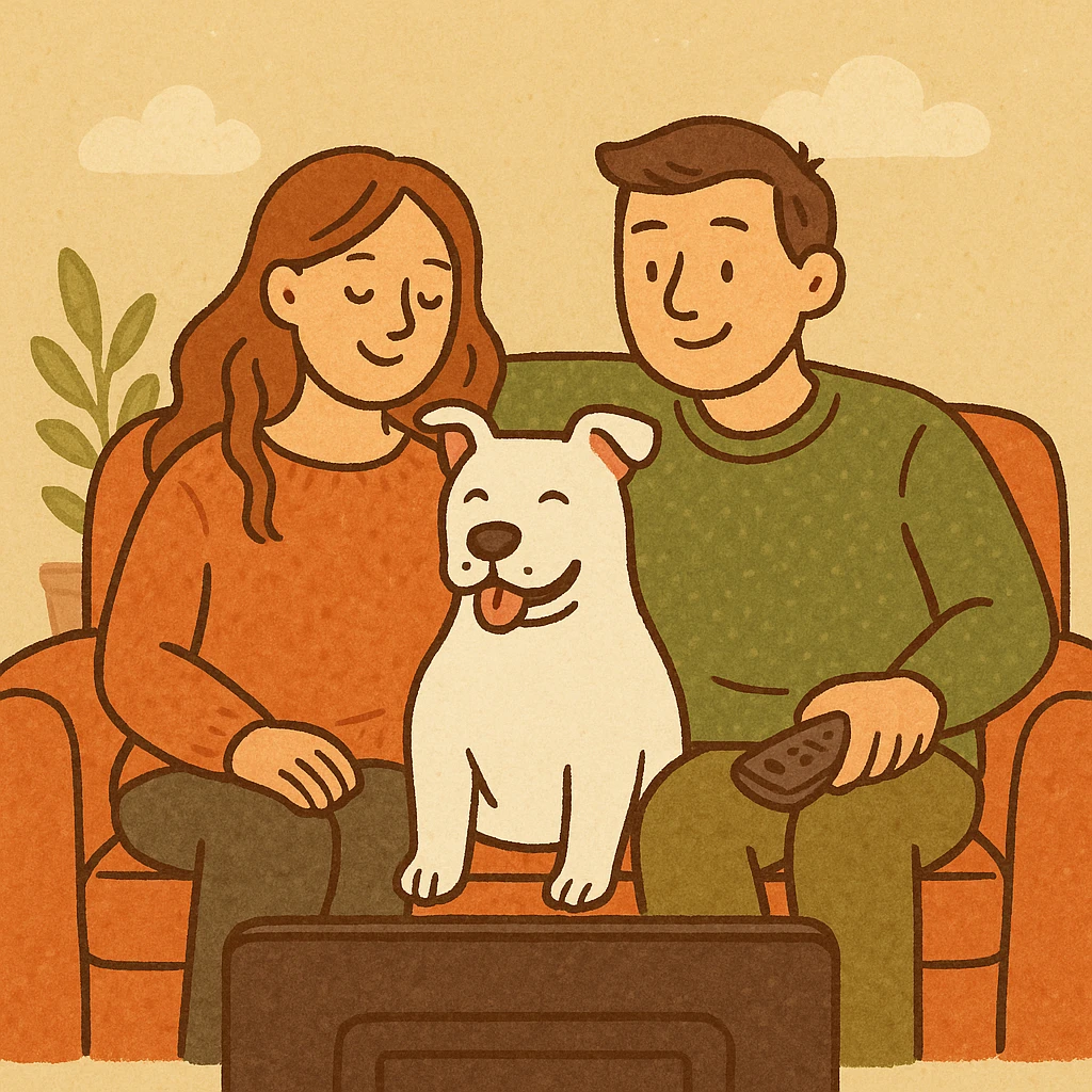 cartoon style, couple watching TV together, white pitbull sitting between them, relaxed and happy mood emoji