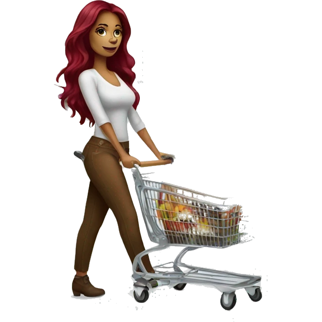 Beautiful tattooed burgundy long haired woman pushing shopping cart emoji