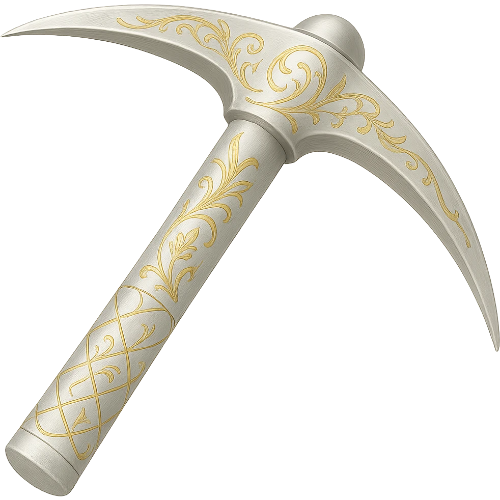 Recolor this weapon to a very light metallic silver color with subtle, elegant gold engravings, matching the gold tone and style of the provided silver shield reference. The gold should be soft and not too yellow or green. Transparent background. emoji