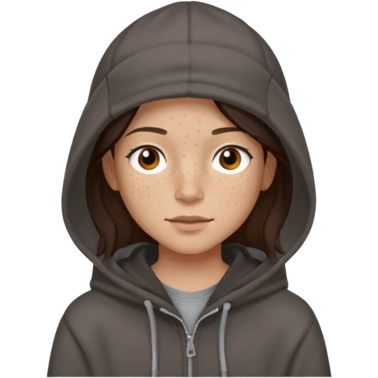 Hobo tomboy with light skin, freckles, shoulder-length center-parted dark brown hair. brown eyes, dark dull brown hoodie, grey shirt. Flat brimmed hat emoji