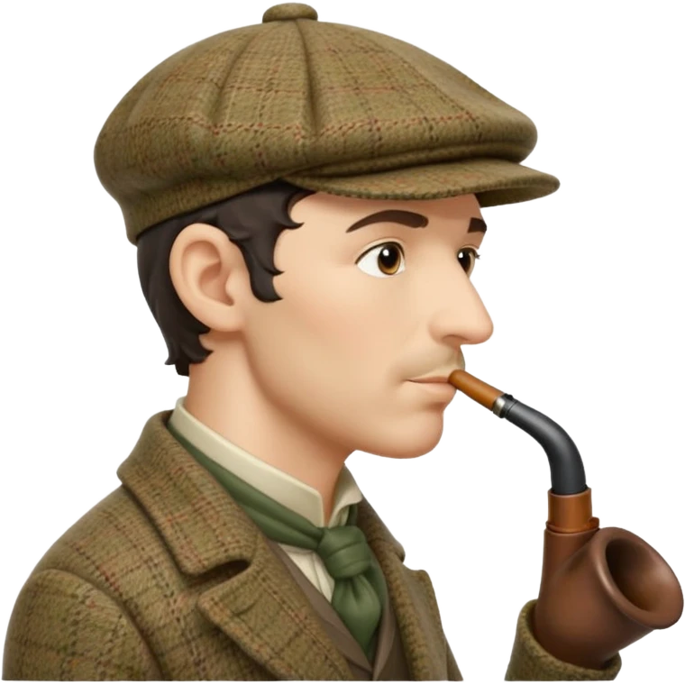 A side view of Sherlock Holmes wearing a deerstalker hat with a curved meerschaum pipe held to his lips emoji