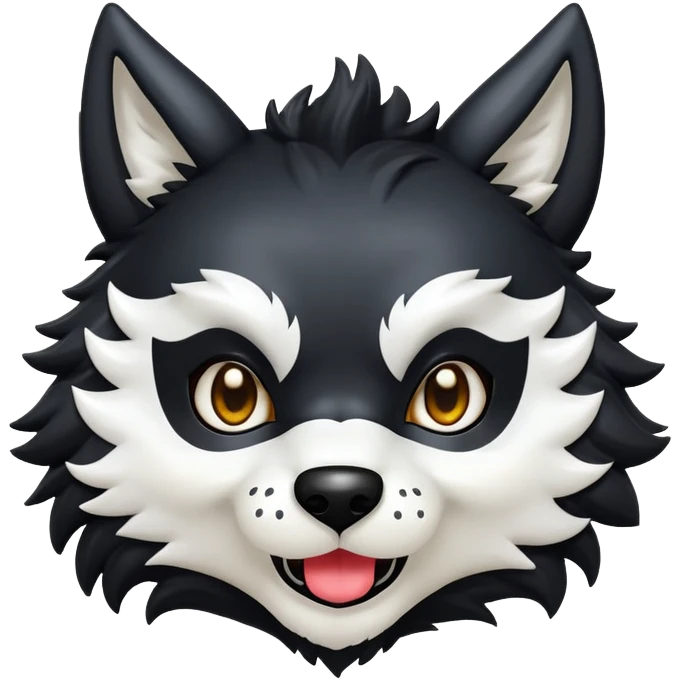 Create a cute, expressive emoji of Puro, the latex wolf from the game Changed. He should have a black, fluffy body, a white mask-like face, large expressive eyes, and pointy ears. The emoji should be in a chibi art style, with a transparent background, suitable for use in messaging apps. Depict Puro showing a joyful expression. emoji