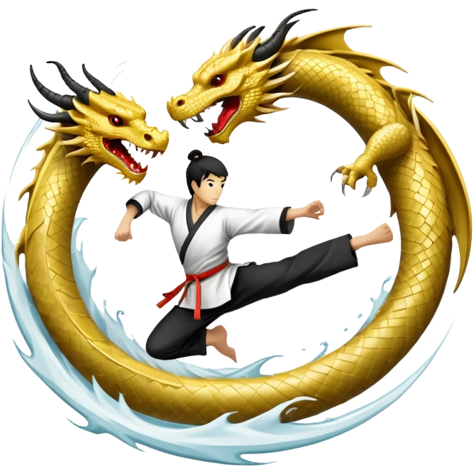 An icon symbolizing Eastern martial arts in the style of an emblem, featuring a black-and-white Yin-Yang symbol and a dragon at the center. A martial artist is performing a fluid kick, surrounded by elements like a dojo and bamboo. Transparent background highlights balance and power. emoji
