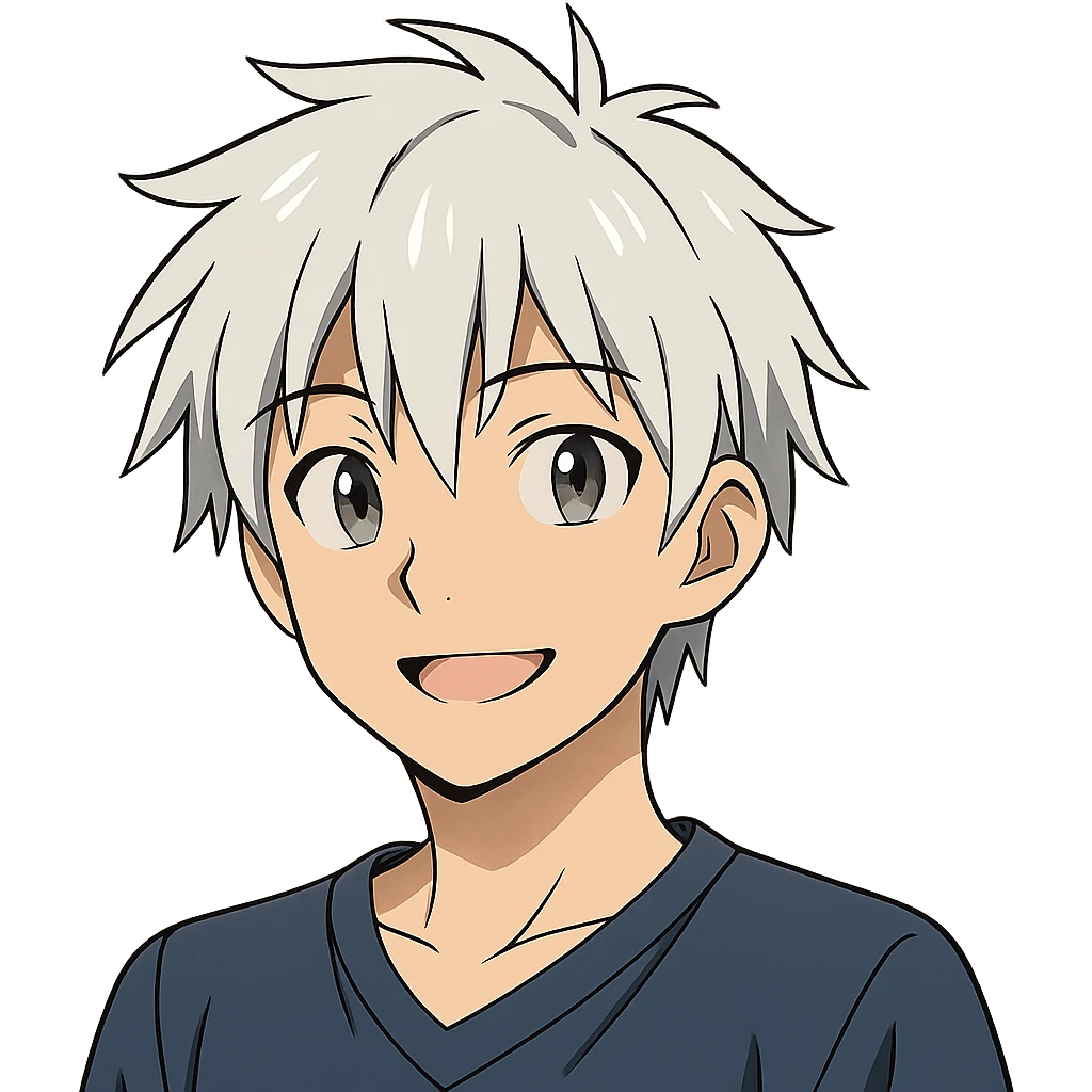 young male anime character with silver hair, friendly smile, classic anime aesthetic, no background emoji