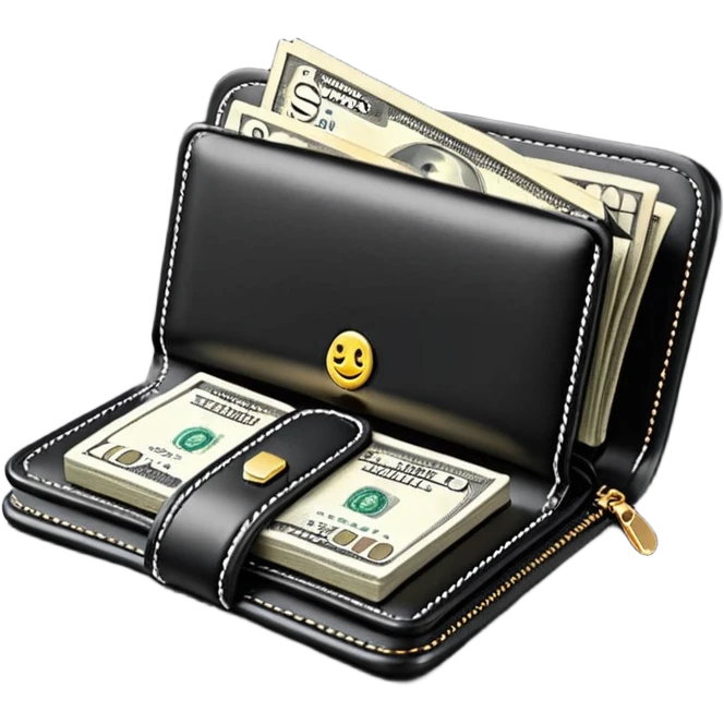 Rich emoji style black leather wallet with dollar bills, luxury money vibe, premium 3D emoji, ultra clean, high detail, no background
 emoji