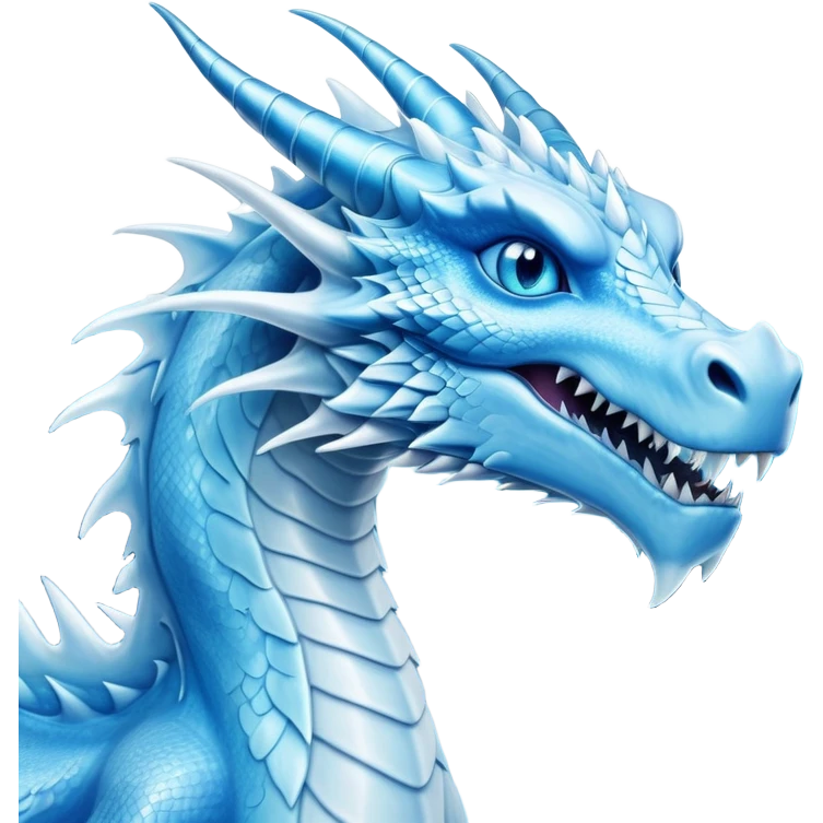 Cinematic Noble very elegant slender Ice Dragon Portrait Emoji, Poised and imposing, distinct long elegant snout, with a slender, scaled body shimmering in glacial hues of icy blue, frostbitten silver, and crystalline white, breathing out frost, with piercing, glowing ice blue white eyes that radiate the chilling depths of an arctic storm; rendered in detail. excuding wisdom emoji