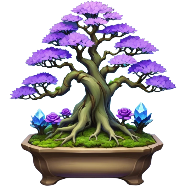 Futuristic wild glowing space alien moss maples Bonsai hair-pine-leaf group multi faceted intricate crystalline inspired boxwood purple rose blue informal rocky cliffhanger eight trees forest planting in shallow willow slab style pot with big animal-like feet  emoji