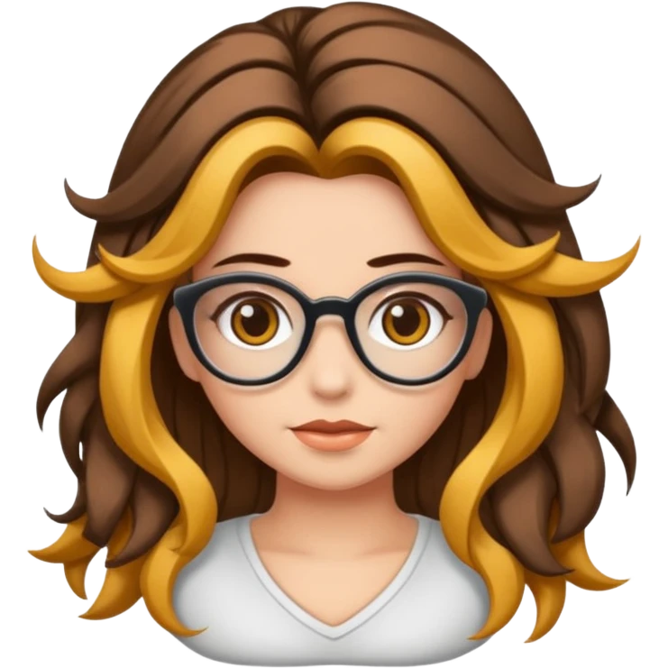 Uma garota de cabelos cacheados com mechas loiras, com pele morena clara e óculos emoji