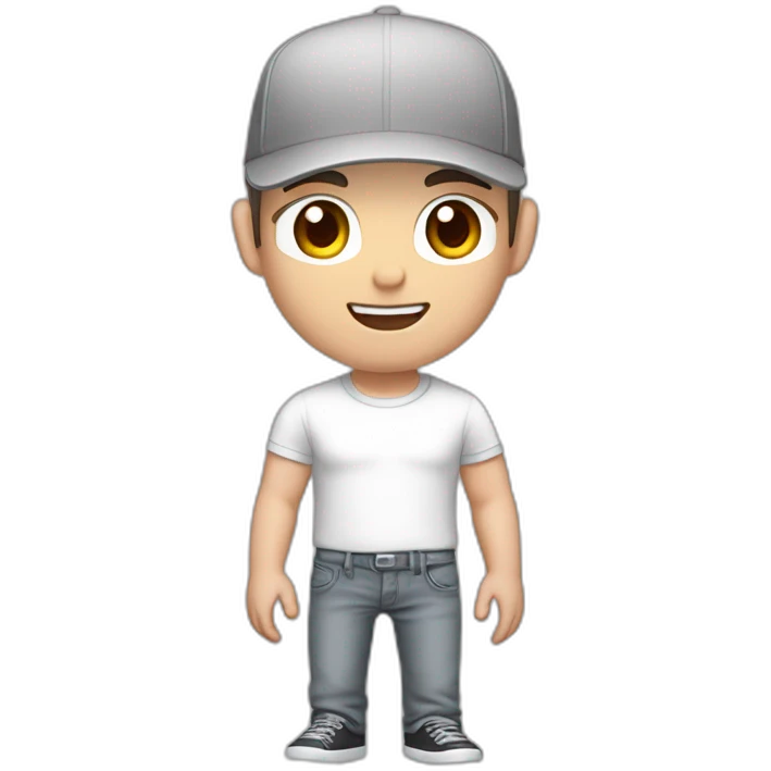 Pale skinned fit Man with dark brown hair in a white cap, gray jeans and gray polo T-shirt keeping a pasted with tape white box into his hands emoji