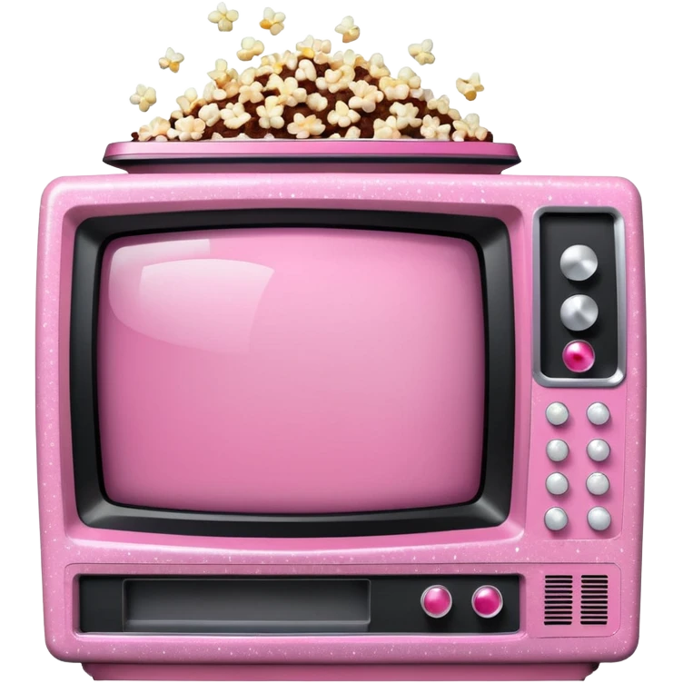 front view of transparent sparkly pink shiny CRT TV sitting on top of pink VCR, with pink/white rhinestone bucket of popcorn beside it emoji