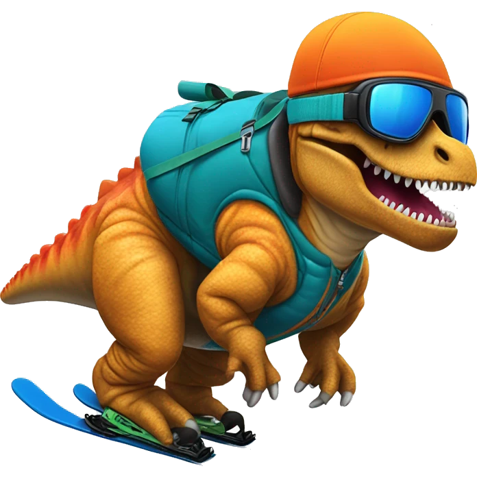 Tyrannosaurus downhill skiing wearing a puffer vest, vibrant colors emoji