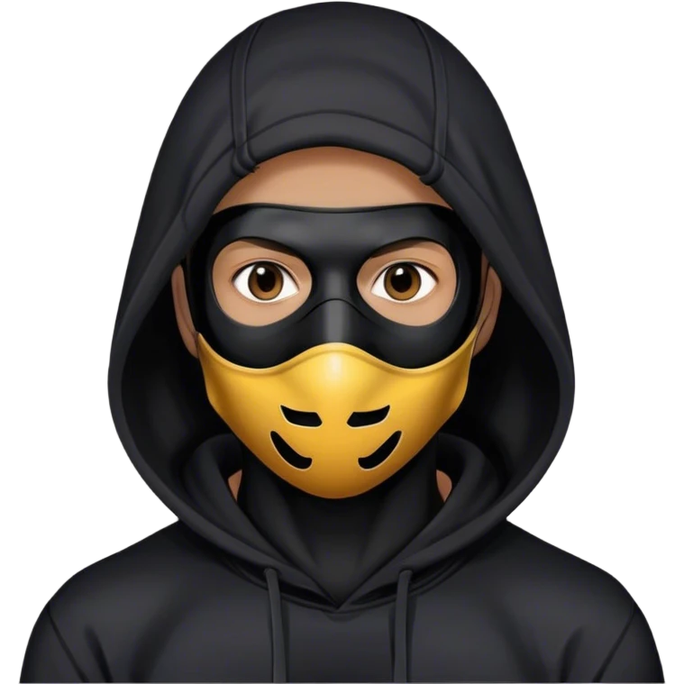 man with black full face hard plastic mask and black hoodie emoji