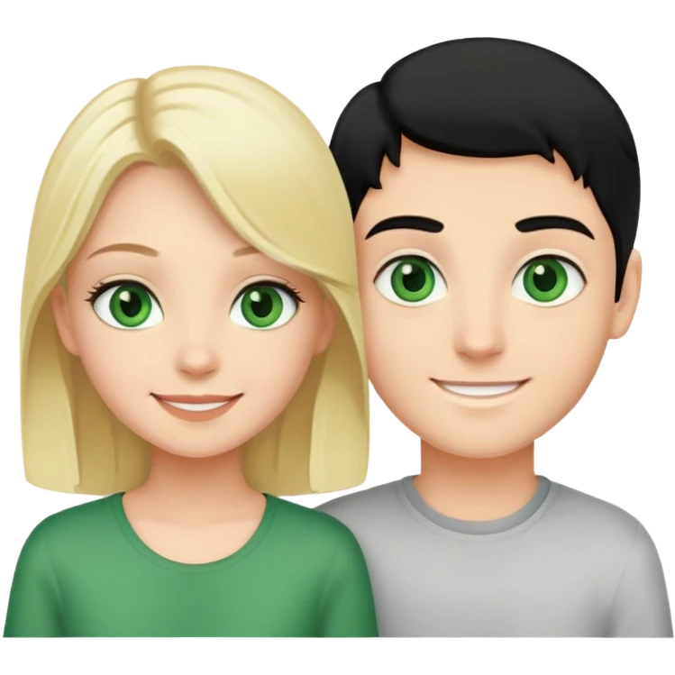 Smiling couple of blonde girl with green eyes and boy with black hair and green eyes emoji