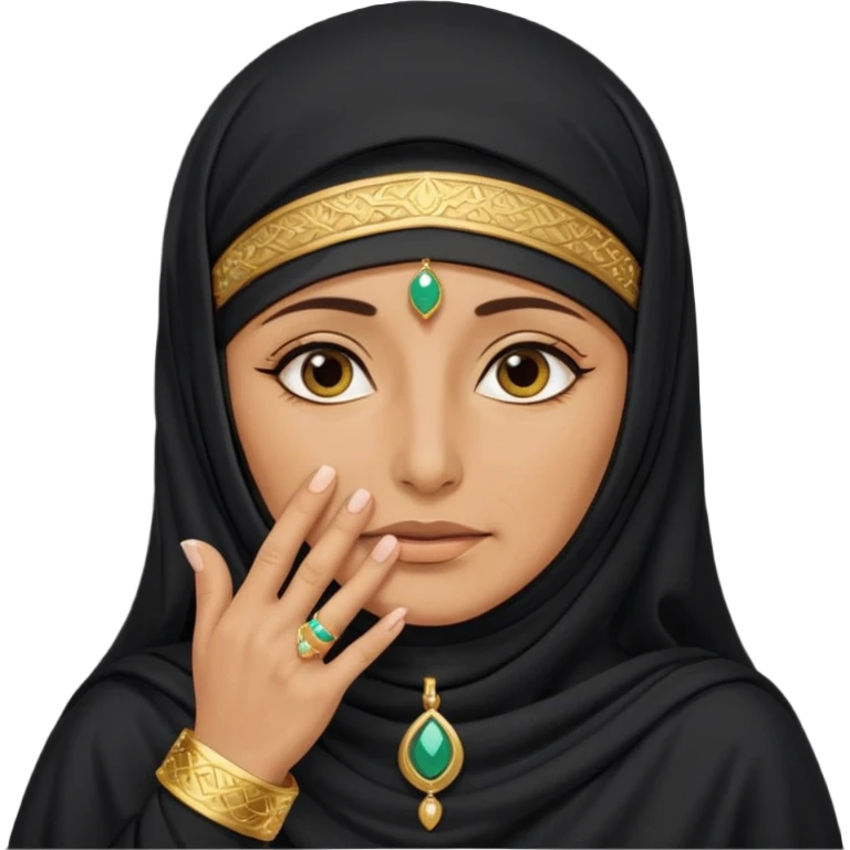 an old emirati women wearing traditional cloths covers her face with burg'a a;; the cloths and burqa'a are black emoji