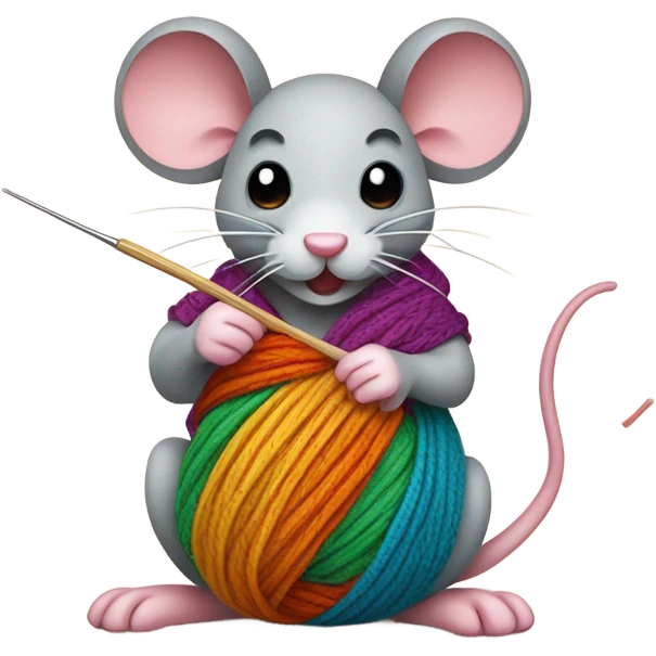 mouse with a skein of thread and a crochet hook emoji
