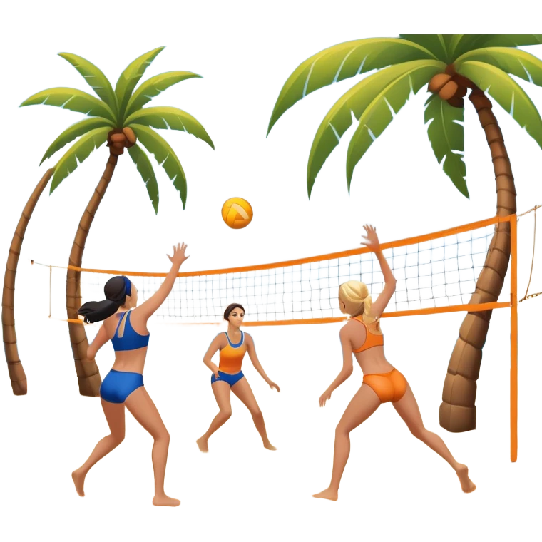 A volleyball resting on the orange sand of a beach, with a volleyball net in the background. The scene includes a beautiful beach landscape with blue sea, sky, and palm trees, while a couple of women in swimsuits play in the distance, capturing the relaxed yet competitive vibe of beach volleyball. emoji
